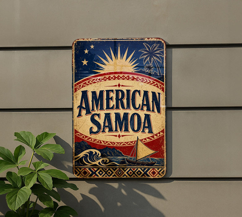 A vintage-style sign for "American Samoa" is displayed on a wall, featuring a sun, palm trees, and a boat.