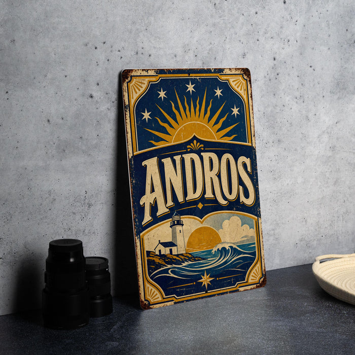 A vintage-style metal sign with the word "ANDROS" prominently displayed, featuring a sun and star design, is placed on a gray countertop next to some black camera lenses.