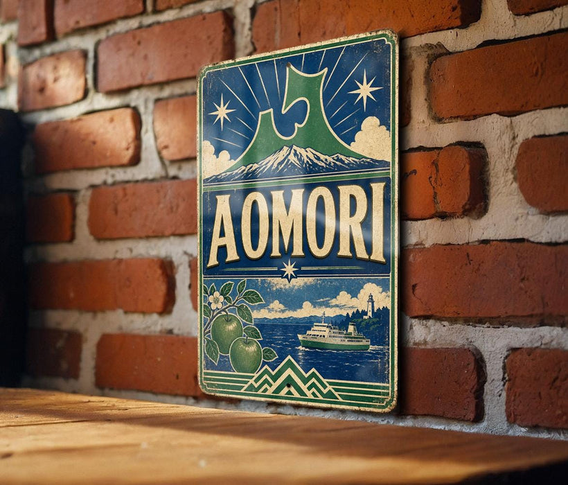 a vintage-style metal sign with a mountain and a ship, mounted on a brick wall.