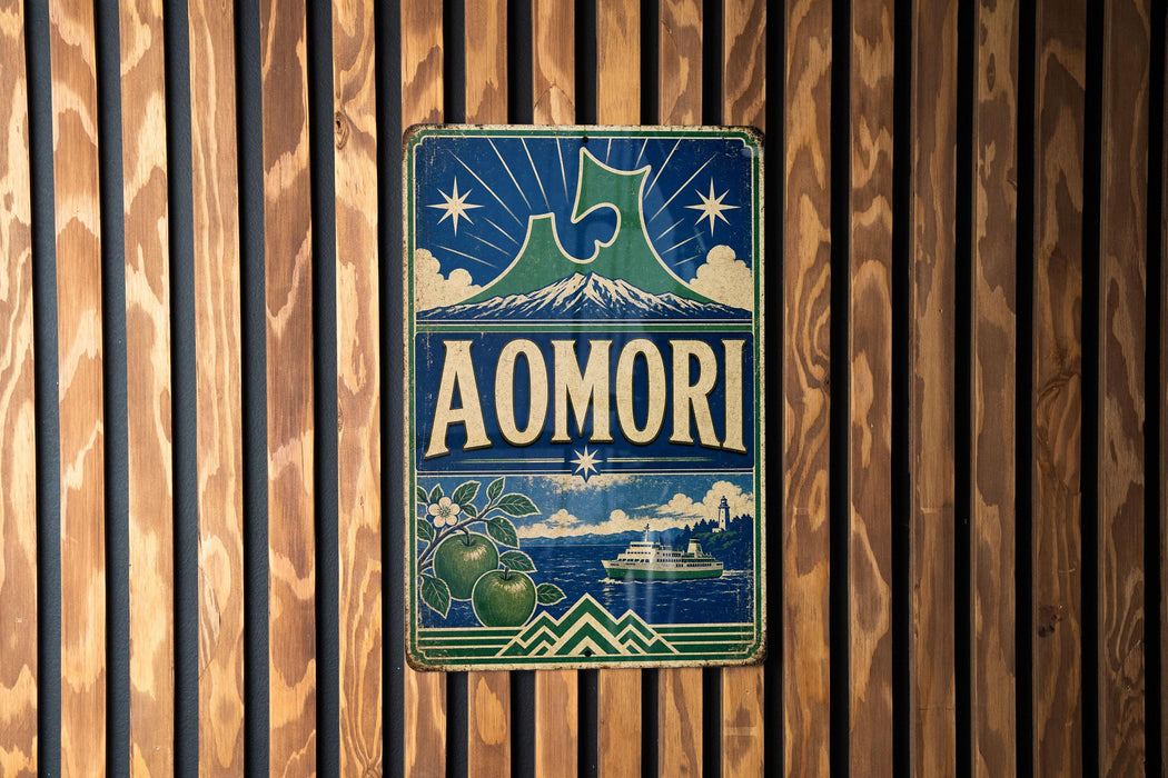 A vintage-style metal sign with the word "AOMORI" displayed prominently in the center, surrounded by various decorative elements such as stars, mountains, and a ship.