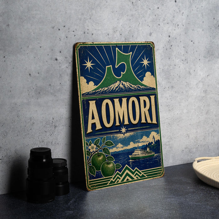 A vintage-style metal sign with the text "AOMORI" and an illustration of a mountain, ship, and apple tree.
