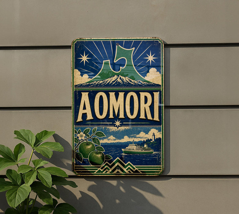 a vintage-style sign with the word "AOMORI" prominently displayed, along with a mountain landscape and a ship in the background.