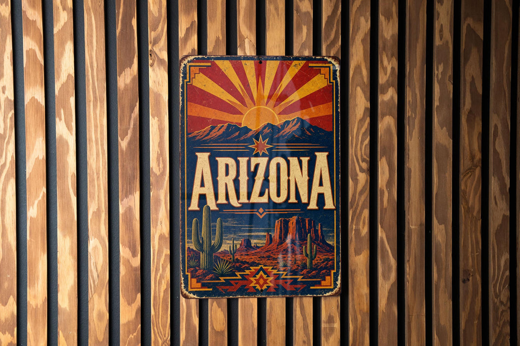 A vintage-style metal sign with the word "ARIZONA" prominently displayed, featuring a desert landscape with mountains and a sunburst design.