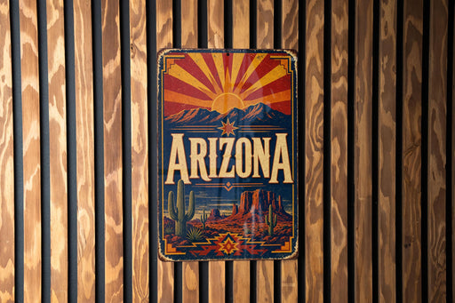 A vintage-style metal sign with the word "ARIZONA" prominently displayed, featuring a desert landscape with mountains and a sunburst design.