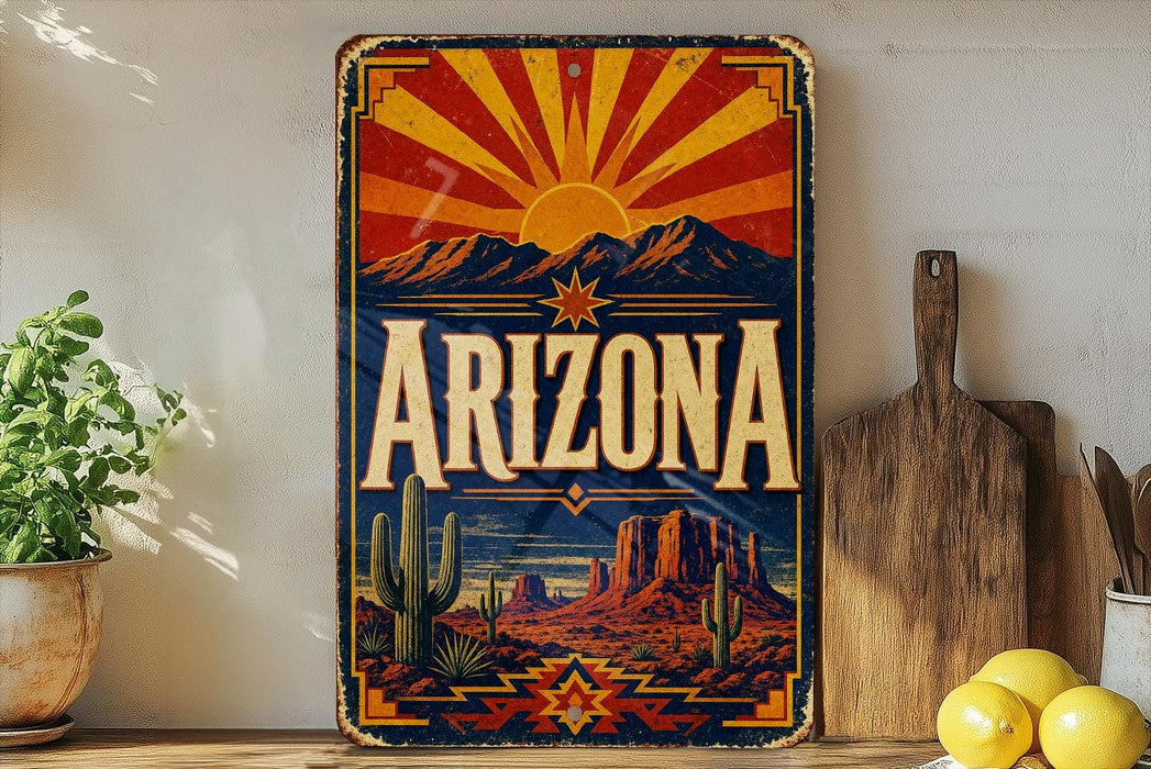 A vintage-style sign depicting the state of Arizona with a desert landscape and sun in the background.