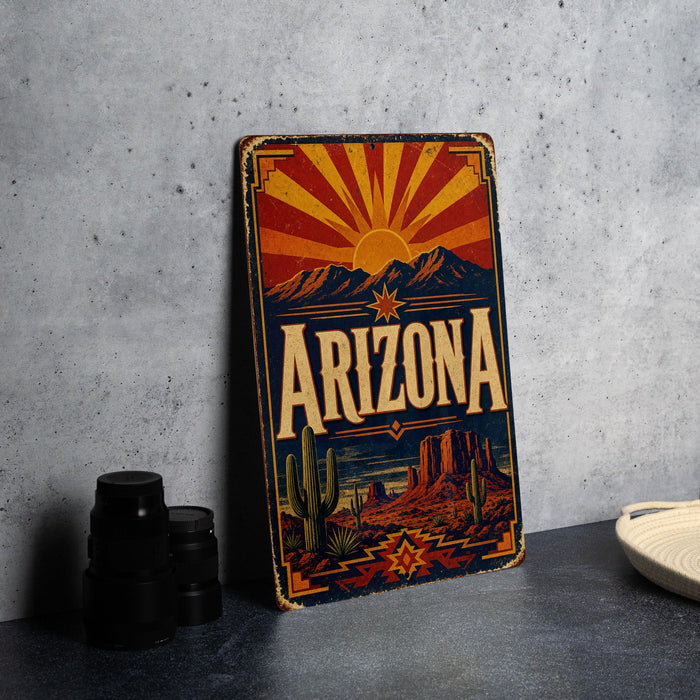 A vintage-style metal sign with the word "ARIZONA" prominently displayed, featuring a desert landscape with mountains and a sunburst design.