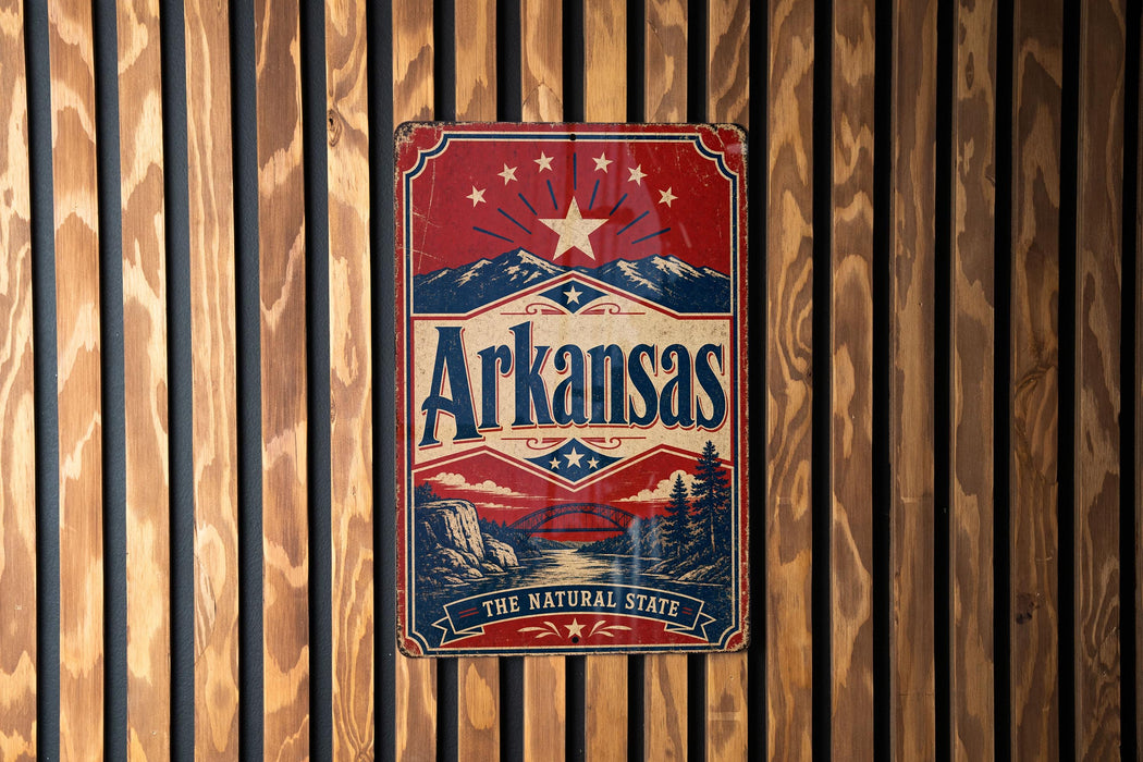 A vintage-style metal sign with the text "Arkansas" and a landscape illustration, mounted on a wooden wall.