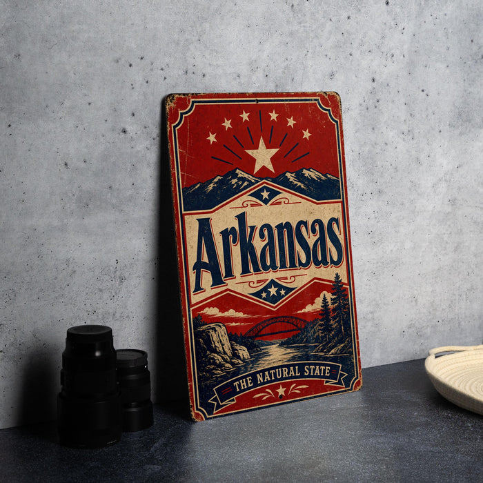 A vintage-style metal sign with the text "Arkansas" and a scenic illustration of mountains and a bridge, placed on a gray countertop next to some black camera lenses.