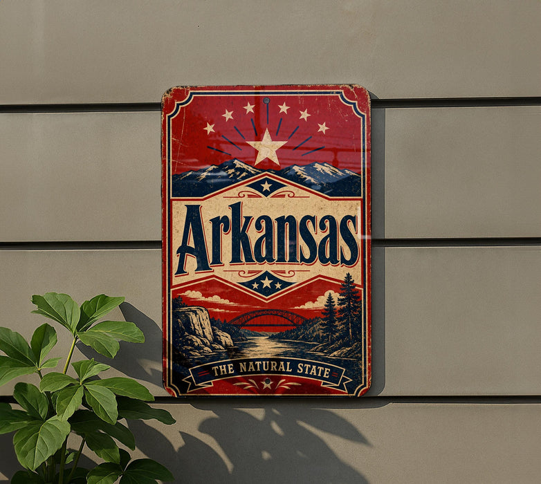 A vintage-style sign for Arkansas, featuring a red background with a star and mountains, and the text "Arkansas" prominently displayed.