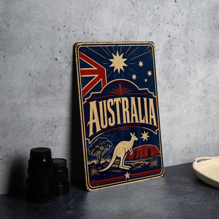A vintage-style metal sign with the word "AUSTRALIA" prominently displayed, featuring a kangaroo and a red, white, and blue color scheme.