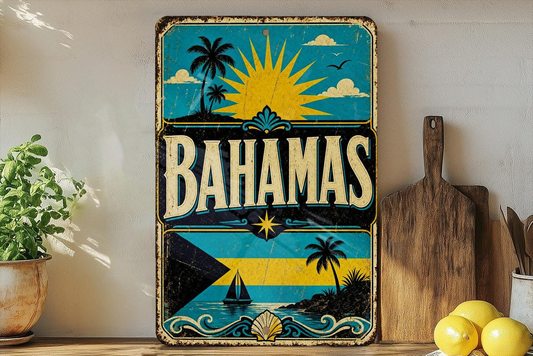 A vintage-style sign with the word "BAHAMAS" prominently displayed, featuring a tropical beach scene with palm trees, a sun, and a sailboat.