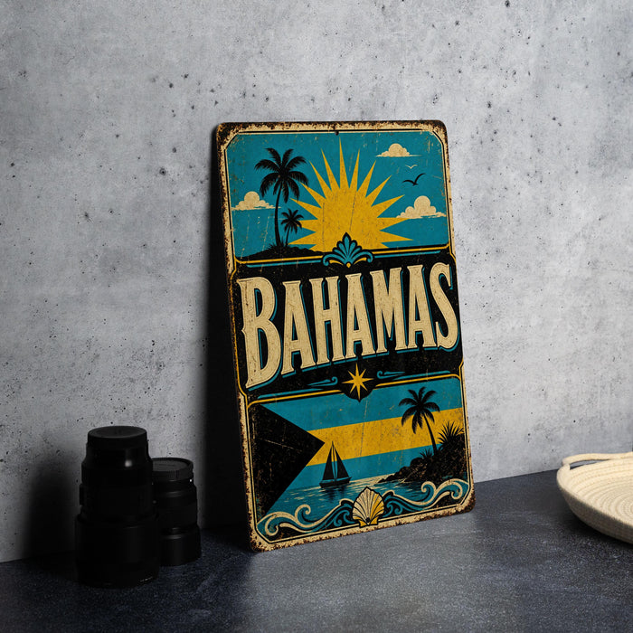 A vintage-style sign for the Bahamas, featuring a tropical beach scene with palm trees, a sun, and a boat.