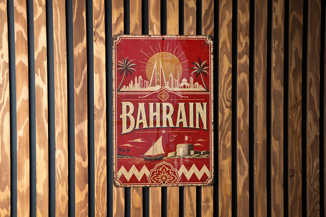 A vintage metal sign with the word "BAHRAIN" prominently displayed, featuring a cityscape and palm trees.