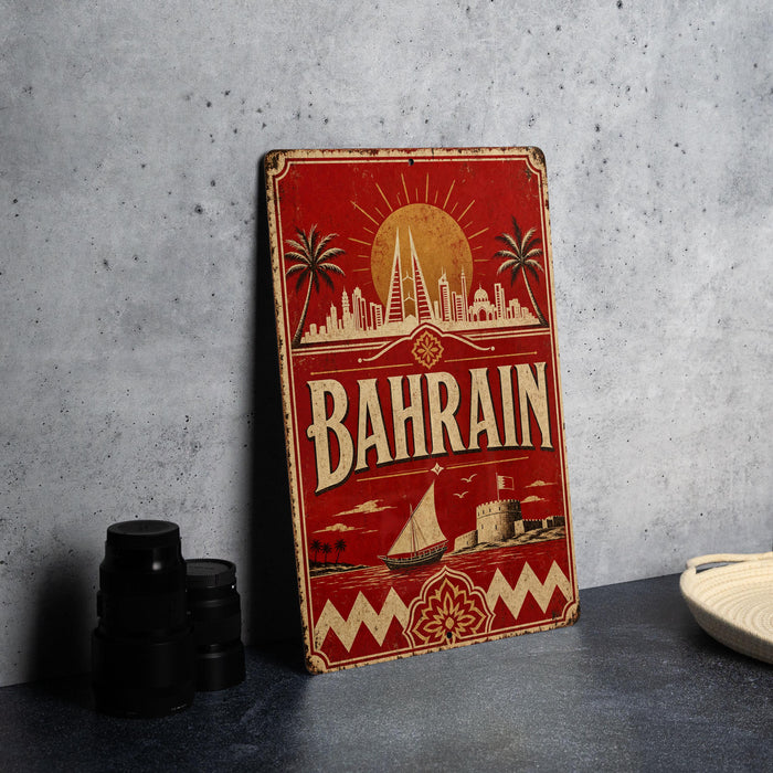 A vintage-style metal sign with the word "BAHRAIN" prominently displayed, featuring a cityscape and palm trees.
