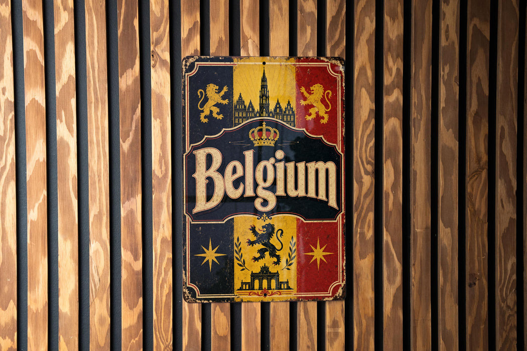 A vintage metal sign with the word "Belgium" prominently displayed, featuring a coat of arms and a castle in the background.