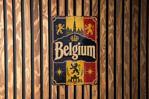 A vintage metal sign with the word "Belgium" prominently displayed, featuring a coat of arms and a castle in the background.