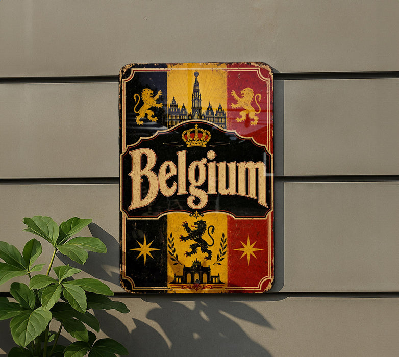 A vintage-style metal sign with the word "Belgium" prominently displayed, featuring a coat of arms and a castle-like structure.