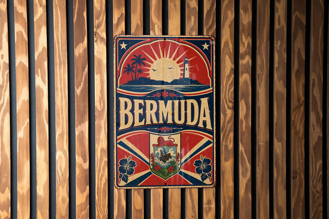 A vintage metal sign with the word "BERMuda" prominently displayed, featuring a sun, palm trees, and a lighthouse, all set against a wooden background.