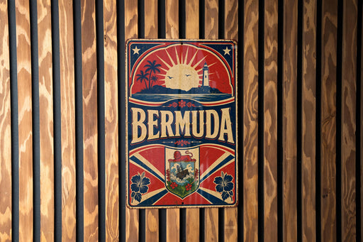 A vintage metal sign with the word "BERMuda" prominently displayed, featuring a sun, palm trees, and a lighthouse, all set against a wooden background.