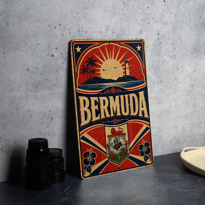 A vintage metal sign with the word "Bermuda" prominently displayed, featuring a sun, palm trees, and a lighthouse, all set against a red and blue background.