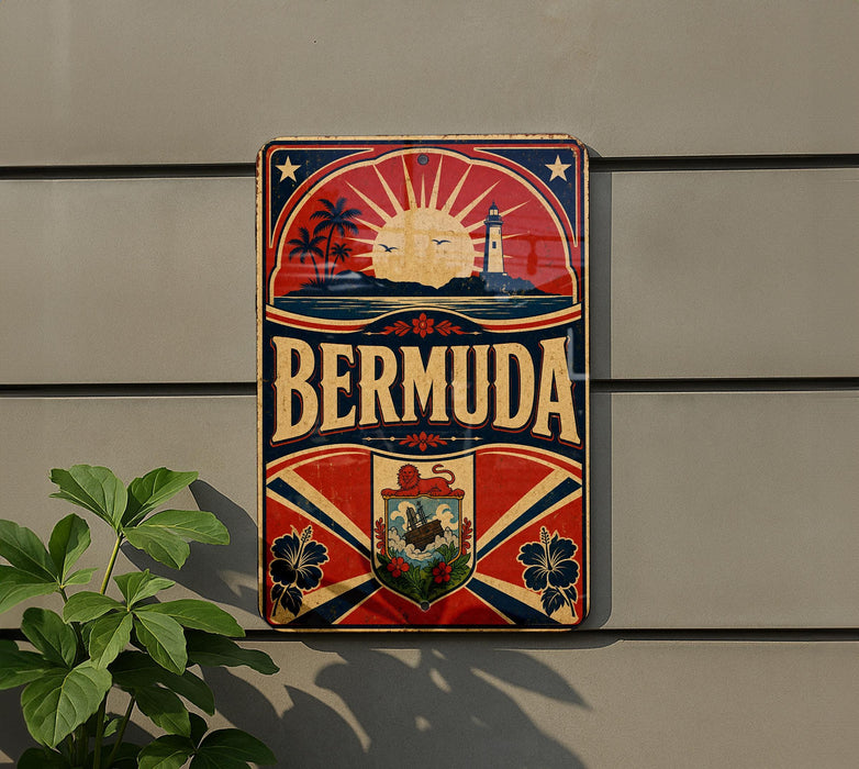 A vintage metal sign with the word "Bermuda" prominently displayed, featuring a sun, lighthouse, and other nautical elements.