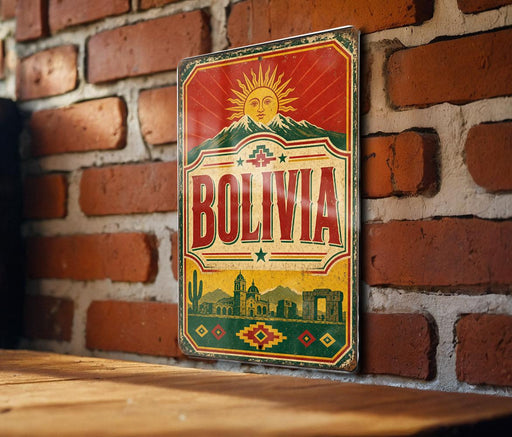 A vintage-style metal sign with the word "BOLIVIA" prominently displayed, featuring a sun and mountains in the background.