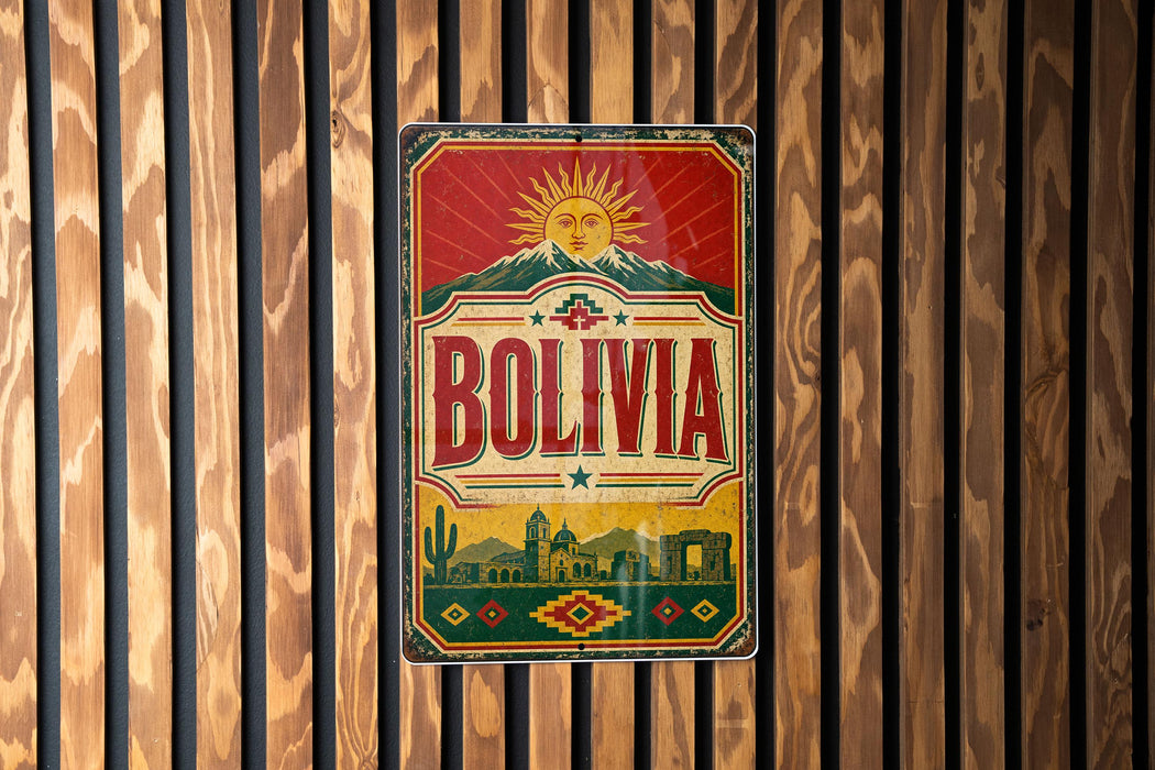 A vintage-style metal sign with the word "BOLIVIA" prominently displayed, featuring a sun and mountains in the background.