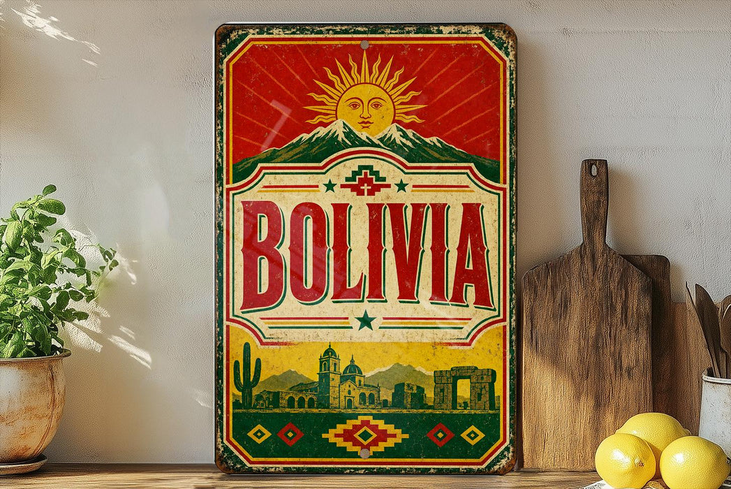 a vintage-style metal sign with the word "BOLIVIA" prominently displayed, along with a sun and mountain motif. The sign is placed on a shelf next to a wooden cutting board and some potted plants, creating a rustic and homey atmosphere.