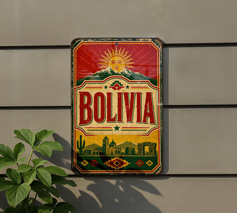 a vintage-style sign with the word "BOLIVIA" prominently displayed, along with a sun and mountains in the background.