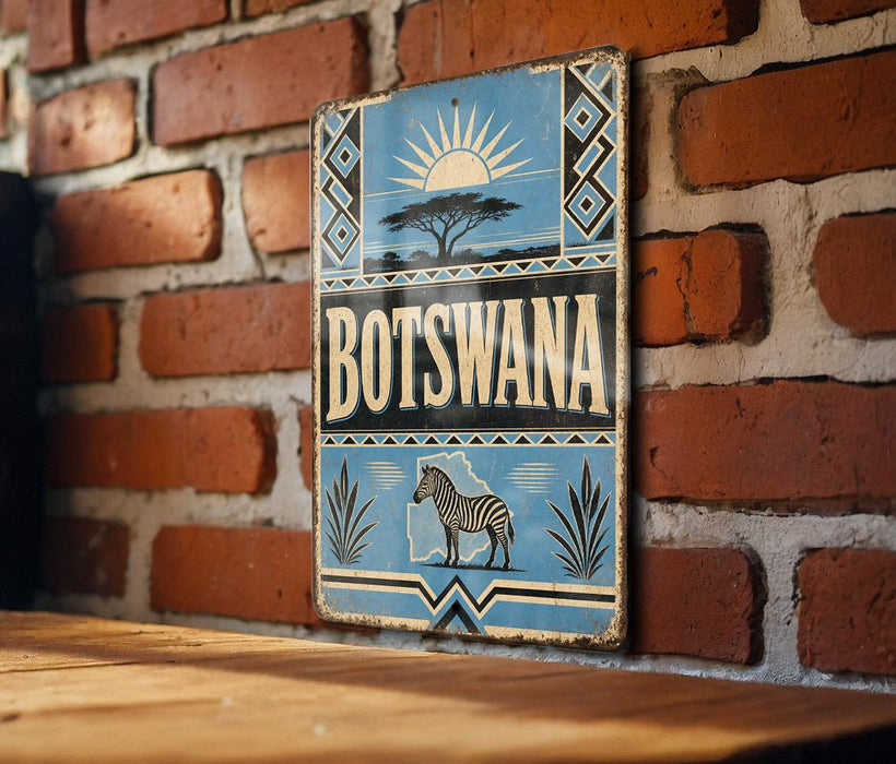 A vintage metal sign with the word "Botswana" displayed prominently, featuring a zebra and other wildlife elements, mounted on a brick wall.
