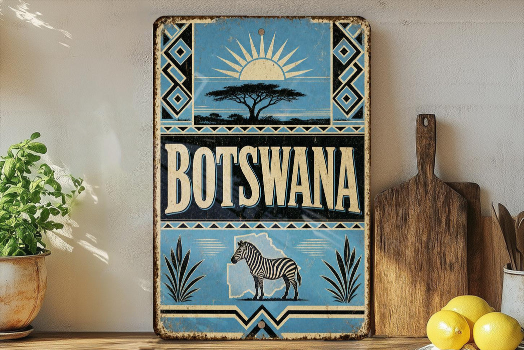 A vintage-style metal sign with the word "Botswana" prominently displayed, featuring a zebra and other wildlife elements. The sign is placed on a wooden surface, with a potted plant, a wooden cutting board, and some lemons nearby.