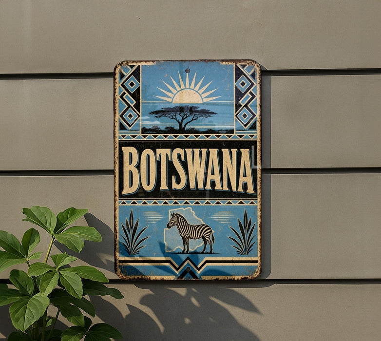 a vintage Botswana sign mounted on a wall, with a zebra and sun motif.
