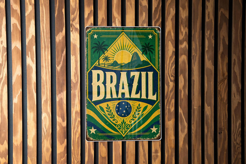 A vintage metal sign with the word "BRAZIL" prominently displayed, featuring a tropical landscape with palm trees and a sun.