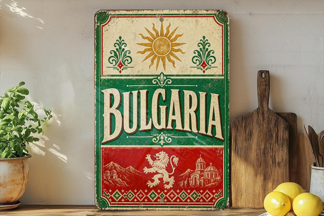 a vintage-style sign with the word "Bulgaria" prominently displayed, surrounded by decorative elements such as a sun and a lion. The sign is placed on a wooden surface, with a potted plant, a cutting board, and some lemons nearby.