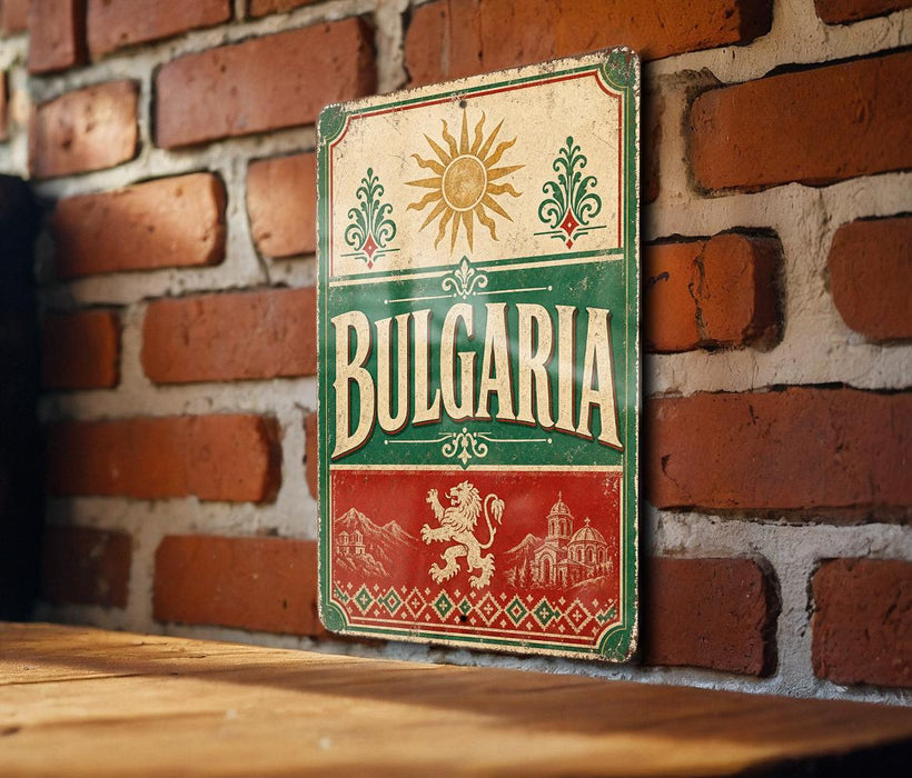 a vintage-style sign with the word "Bulgaria" prominently displayed, mounted on a brick wall.