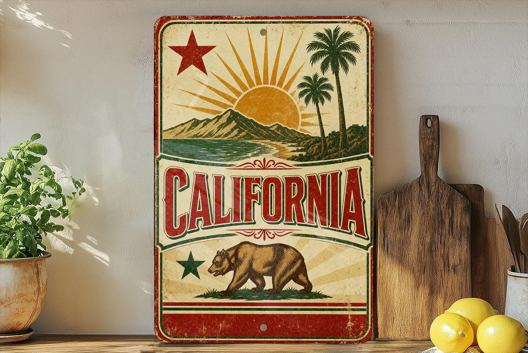 A vintage-style metal sign with a bear and palm trees, along with the word "California" prominently displayed, is placed on a wooden surface.
