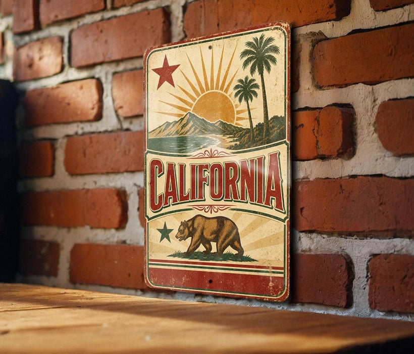A vintage-style metal sign with the word "CALIFORNIA" prominently displayed, featuring a sun, palm trees, and a bear.
