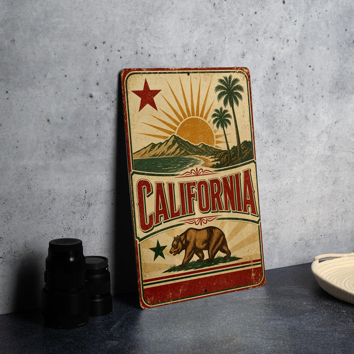 A vintage-style metal sign with the word "CALIFORNIA" prominently displayed, featuring a sun, palm trees, and a bear.