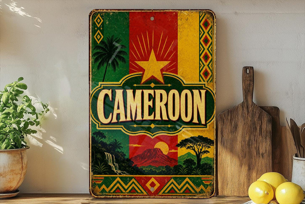 a vintage-style metal sign with the word "Cameroon" prominently displayed, surrounded by a colorful, tropical-themed design.