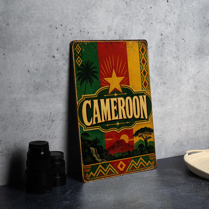a vintage-style metal sign with the word "CAMERON" prominently displayed, along with a colorful, decorative border. The sign is placed on a gray countertop, and there are some black camera lenses visible in the background.