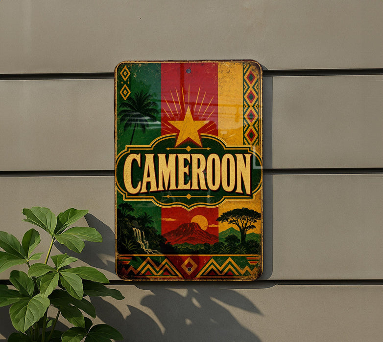 a colorful sign with the word "Cameroon" prominently displayed, surrounded by various decorative elements such as a palm tree, a sun, and a mountain.