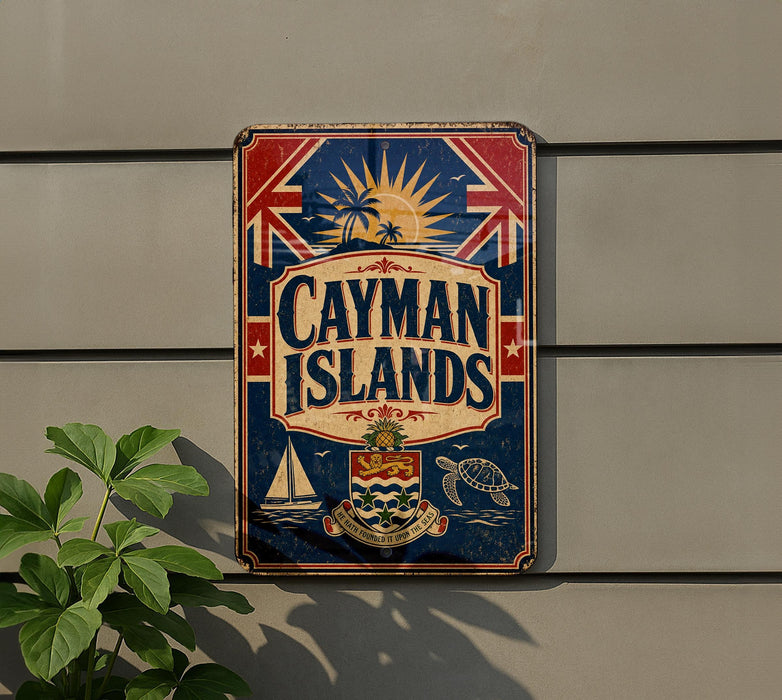 A vintage metal sign with the text "CAYMAN ISLANDS" and various decorative elements, including a Union Jack flag, a sailboat, and a turtle, is displayed on a wall.