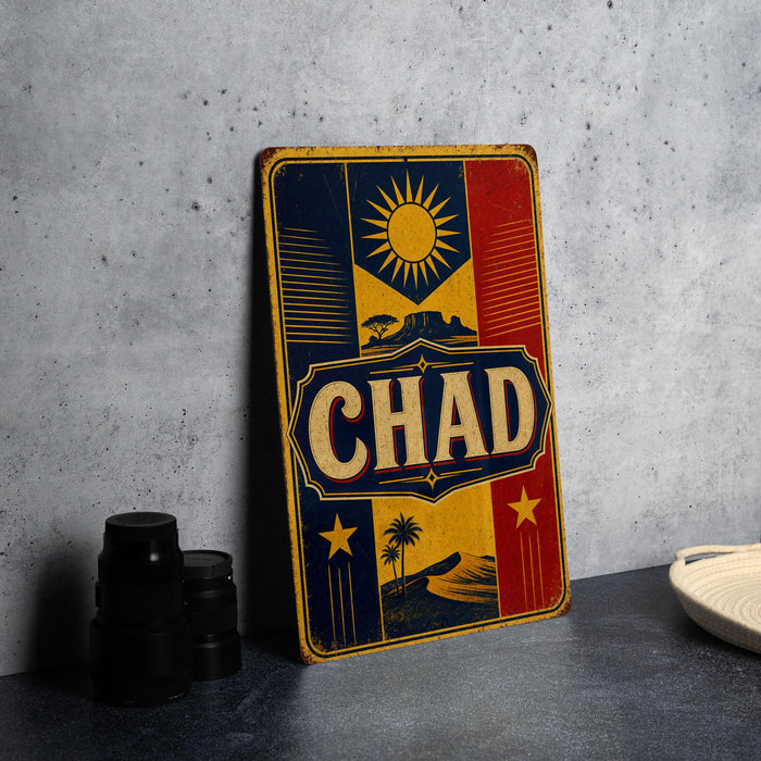 A vintage-style metal sign with the word "CHAD" prominently displayed, featuring a sun and palm tree design.