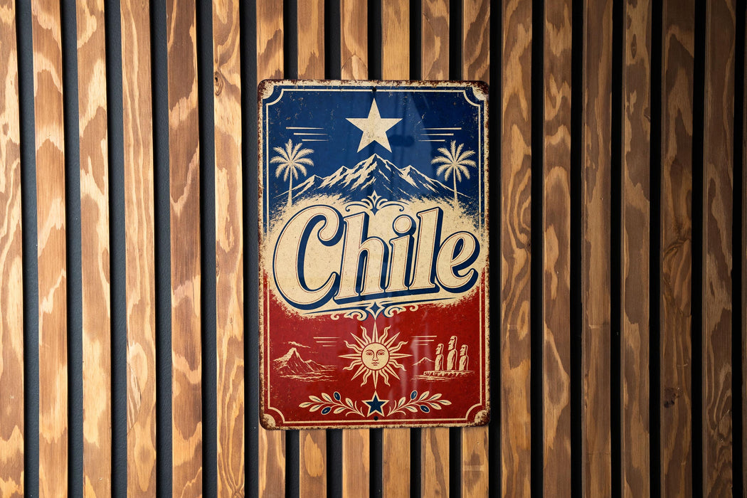 A vintage metal sign with the word "Chile" prominently displayed, featuring a star and palm trees, is mounted on a wooden wall.
