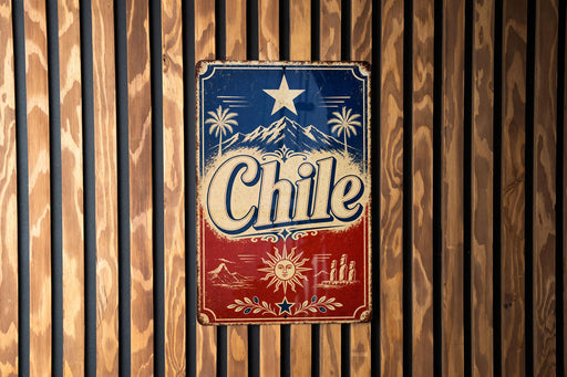 A vintage metal sign with the word "Chile" prominently displayed, featuring a star and palm trees, is mounted on a wooden wall.