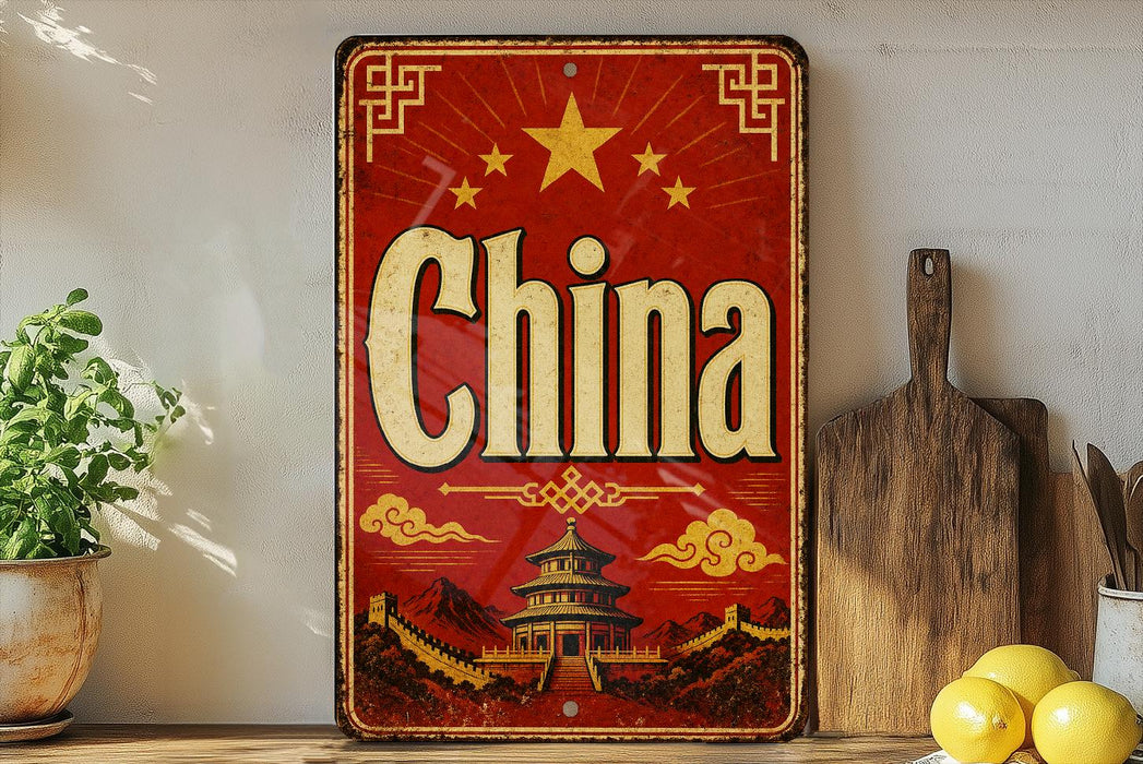 A vintage-style sign with the word "China" prominently displayed, featuring a traditional Chinese temple and mountains in the background. The sign is placed on a shelf next to a wooden cutting board and a potted plant.