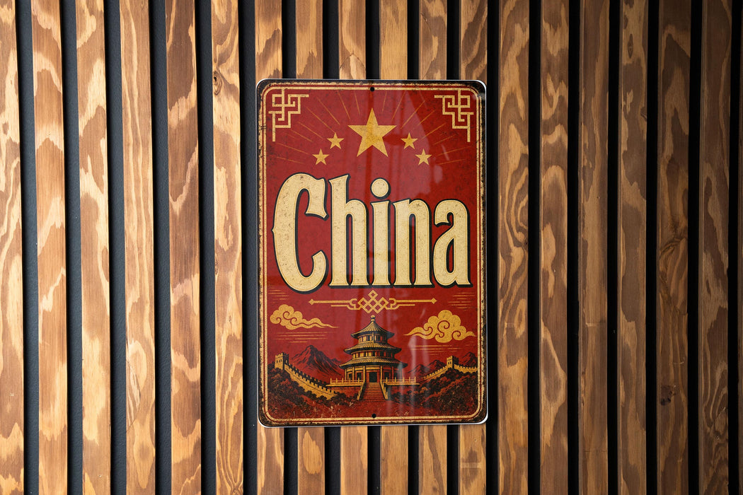 A vintage-style sign with the word "China" prominently displayed, featuring a traditional Chinese temple and landscape in the background.