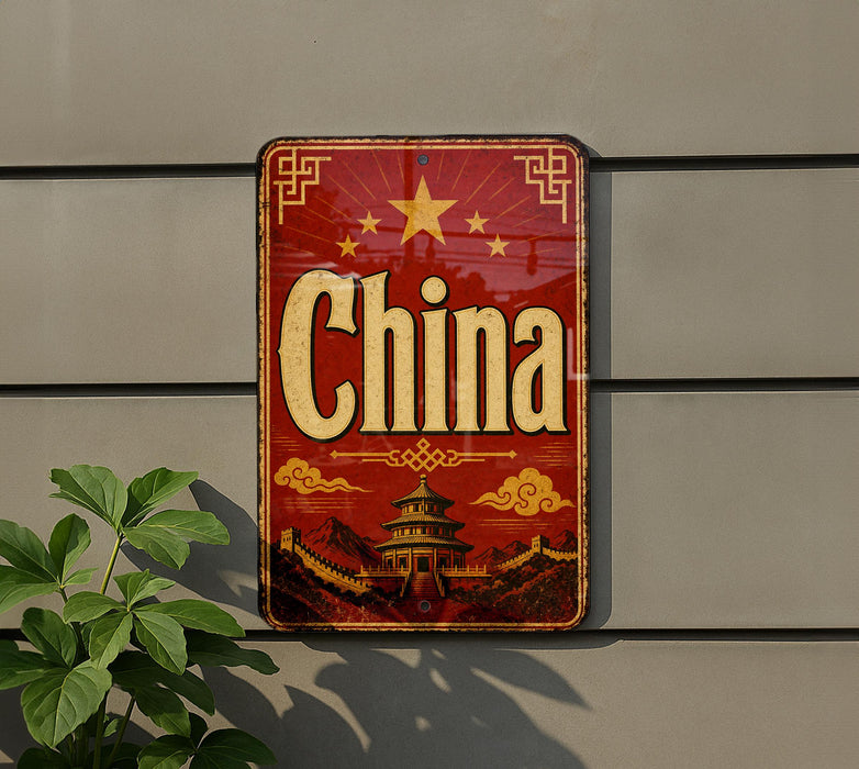 A vintage-style sign with the word "China" prominently displayed, featuring a traditional Chinese temple and landscape in the background.