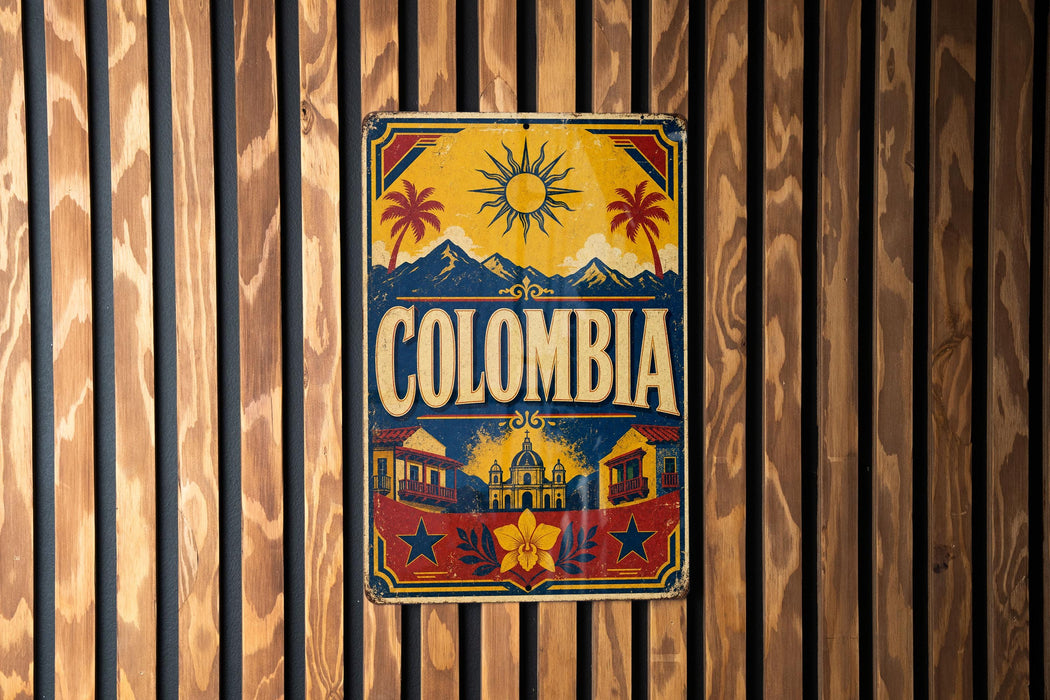 A vintage-style sign with the word "COLOMBIA" prominently displayed, featuring a sun, palm trees, and other tropical elements.