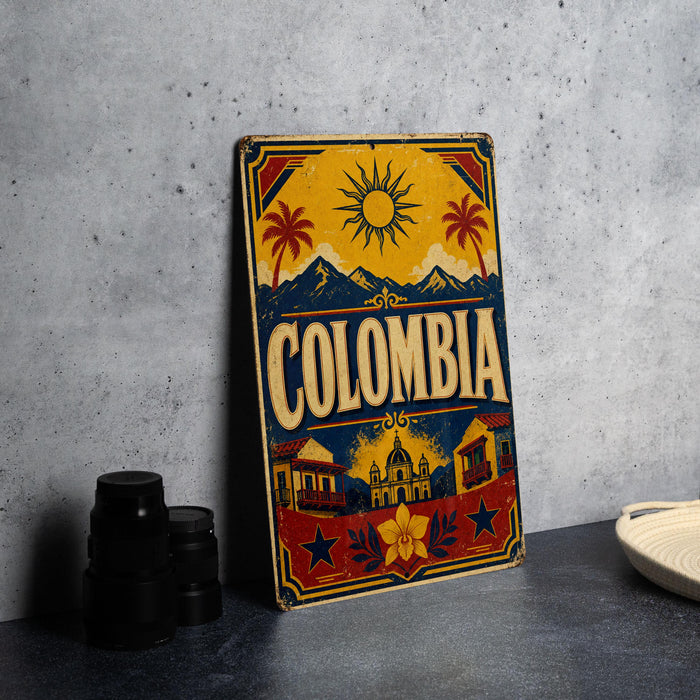 A vintage-style metal sign with the word "COLOMBIA" prominently displayed, featuring a sun, palm trees, and other colorful elements.